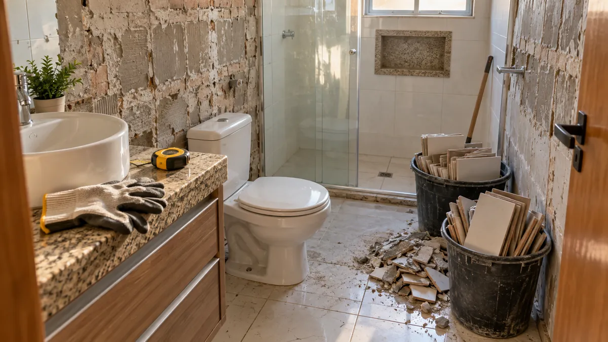 Banheiro em reforma com pisos e azulejos retirados para descarte