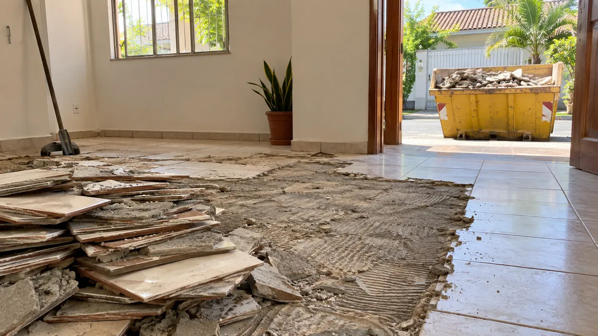 Piso cerâmico sendo removido em reforma residencial com entulho organizado