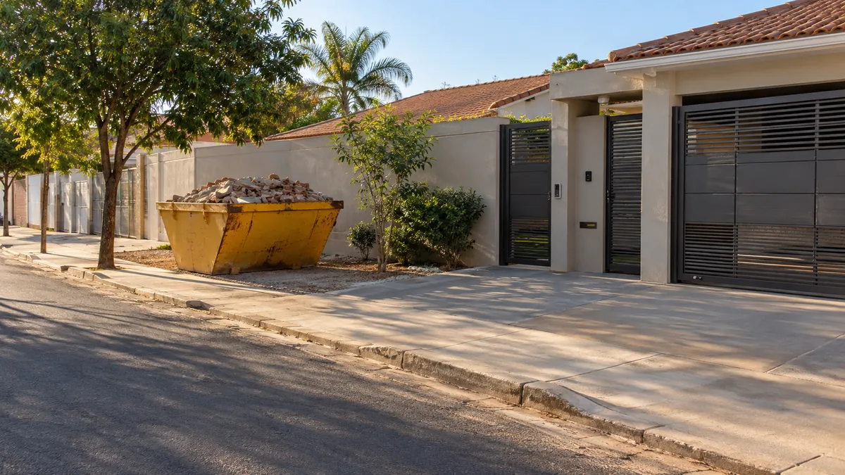 Caçamba de entulho posicionada ao lado de imóvel com entrada e garagem livres